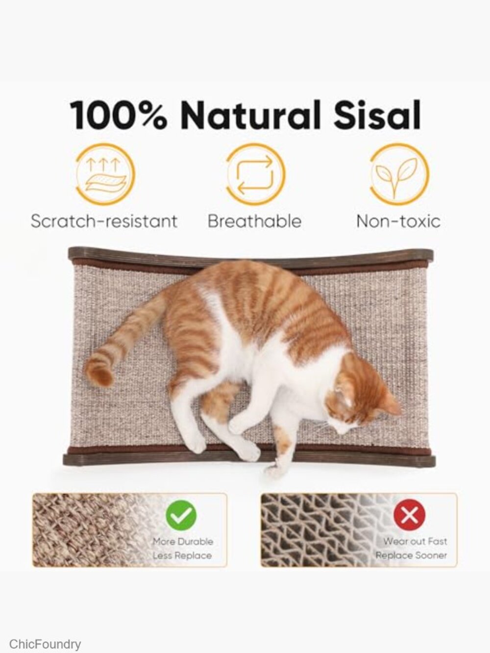 23.6" Cat Scratcher Bed Sisal Durable Scratching Pad Natural Hammock Wood Frame - Picture 3 of 6